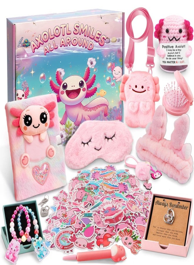 Kipwake Axolotl Gift Set for Girls - Cute Axolotl-Themed Toy Box with Fluffy Diary, Stickers,Pen, Crocheted Stuffed Animal, Pink Purse, Necklace, Keychain, and More Axolotl Stuff - Birthday Gifts for Kids - Image 1